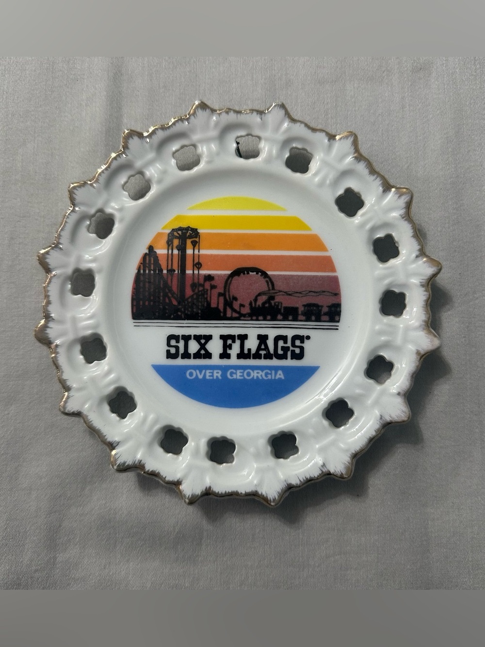 Vintage Six Flags Over Georgia Mini Souvenir Plate Reticulated Openwork Gold Rim